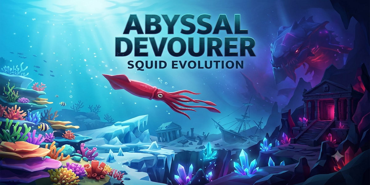Abyssal Devourer — Squid Evolution key art, a red squid swimming above a sunken ruin toward a distant leviathan